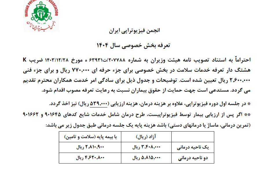 تعرفه انجمن فیزیوتراپی برای کلینیک خصوصی تعرفه انجمن فیزیوتراپی برای کلینیک خصوصی